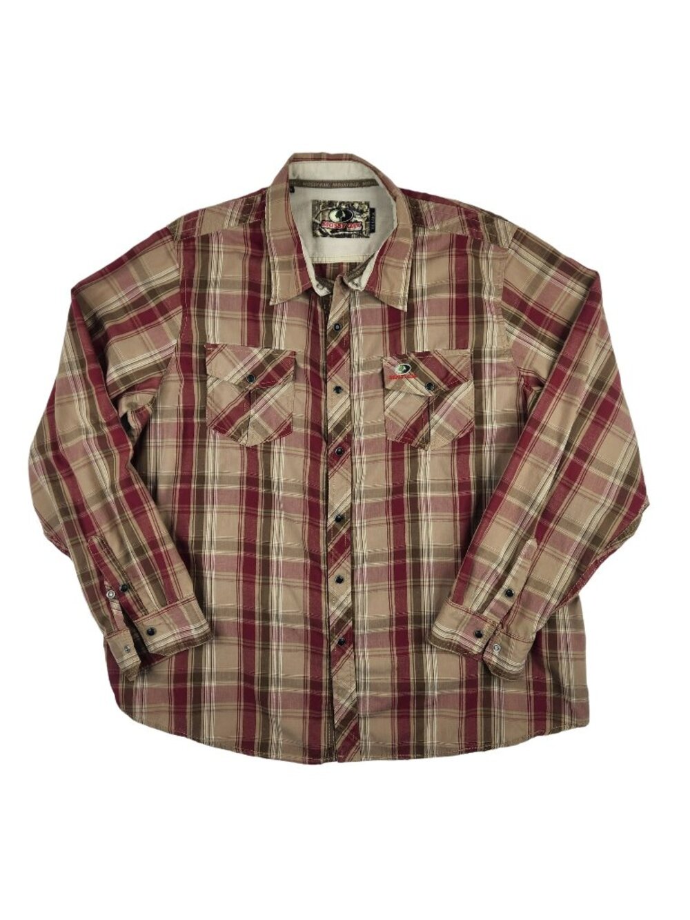 Mossy Oak Mens Western Shirt Pearl Snap Red Tan Plaid XXL Cotton Poly Button Up